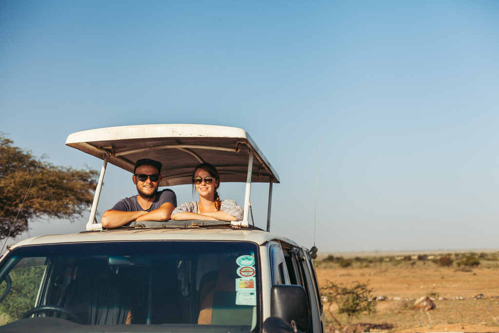 Zach and Hanna on a safari in Amboselil Park in Kenya